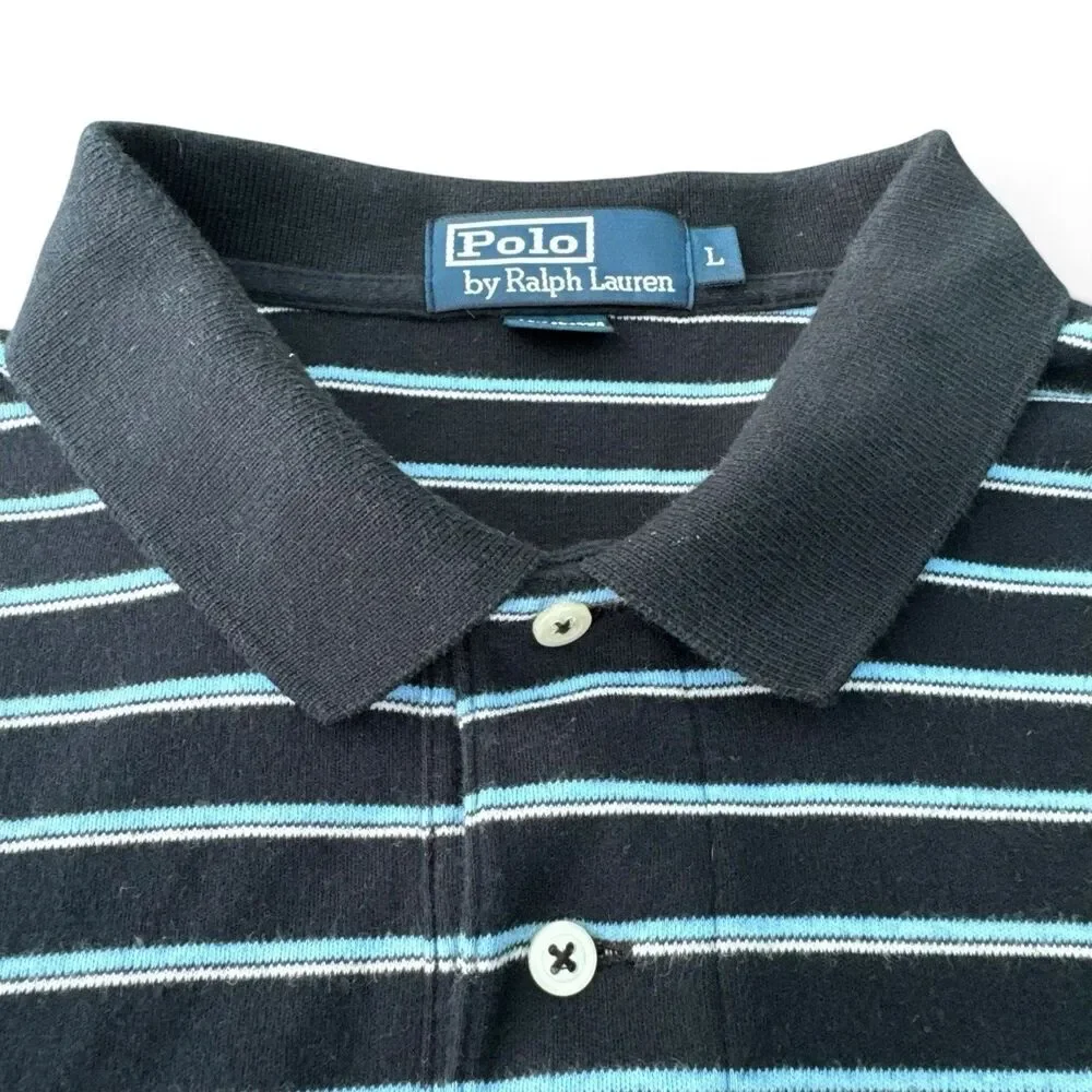 VTG Ralph Lauren Polo Men L Blue Striped Black Trim Soft Cotton Pony Golf Shirt